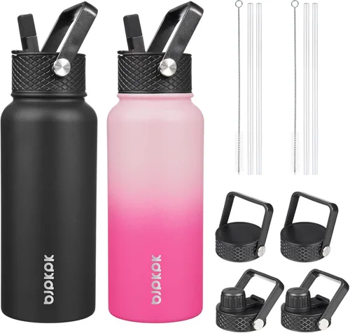 Vista 17 de BJPKPK Paquete de 2 botellas de agua aisladas con tapas con pajita, botella de agua de metal de acero inoxidable de 18oz con 6 tapas, jarras a