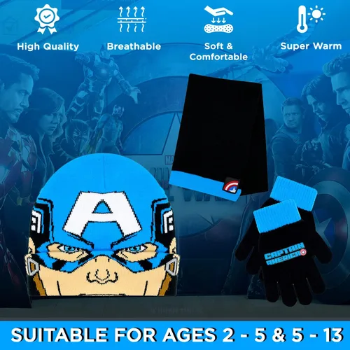 Vista 3 de Marvel Avengers - Juego de 3 pañuelos y guantes de nieve para niños, suave y cálido gorro con pompones, bonito uso al aire libre para niños y niños