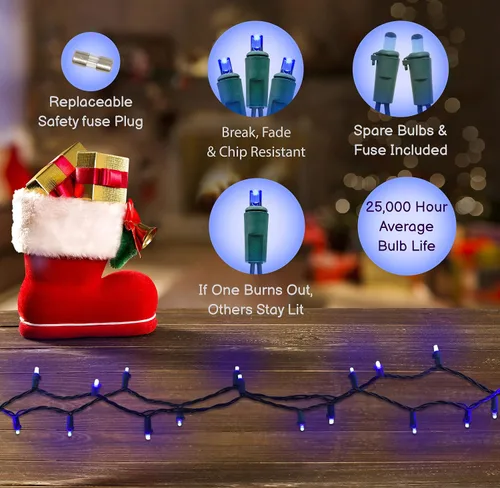 Vista 3 de Juego de luces LED azules pequeñas de Navidad de Holiday Essence, 60 luces de 5 mm para el Día de la Independencia, cable azul, para decoración