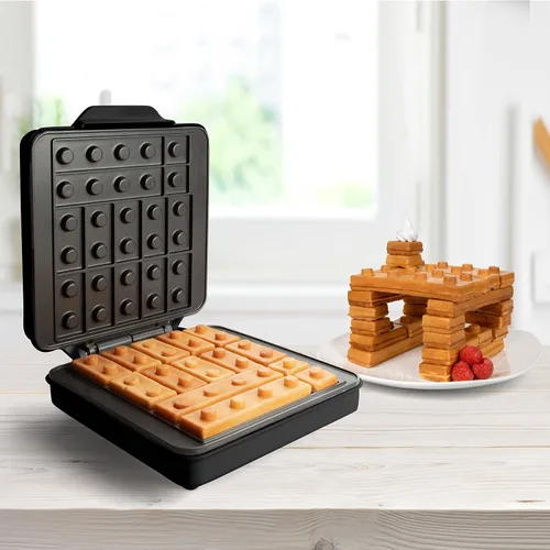 Vista 9 de Máquina de gofres eléctrica de ladrillo de construcción con 2 platos, cocina gofres en forma divertida Negro Deluxe