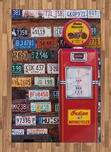 Vista 16 de Lunarable Route 66 - Alfombra de área, autos antiguos de moda y motocicleta en un mapa, viaje por carretera, concepto estadounidense, alfombra rojo