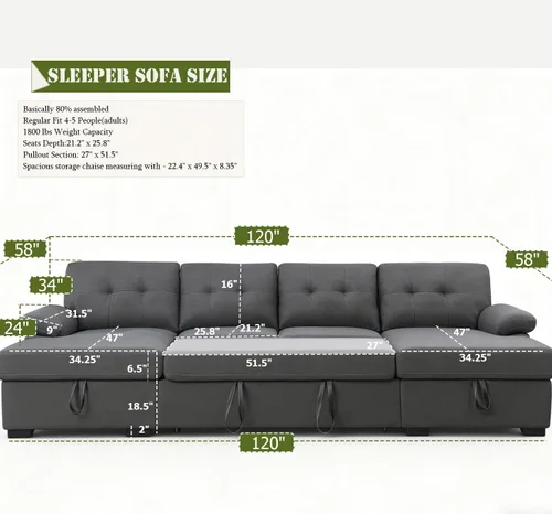 Vista 2 de asunflower Sofá cama modular con diván doble de almacenamiento de 120 pulgadas, sofá cama extraíble de gran tamaño para sala de estar, apartamento