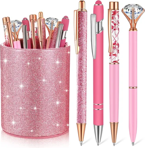Vista 15 de Sabary 8 bolígrafos negros con soporte para bolígrafo para escritorio, con purpurina, diamantes de cristal, bonito soporte para lápices, organizador