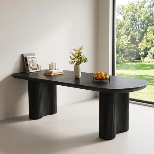 Vista 14 de Mesa de comedor negra de 63 pulgadas, una mesa rectangular de extremo redondeado con patas de diseño ondulado para cocina, comedor, oficina en casa
