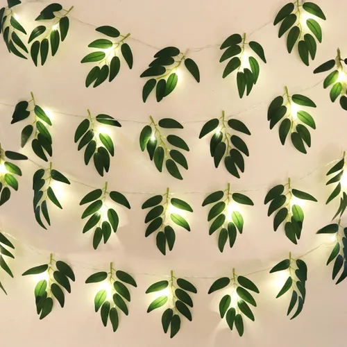 Vista 26 de RECUTMS 20LED Luces de Cadena de Hojas de Monstera, Hojas Artificiales de Palmera de Ratán Tropical, Enredadera Verde Colgante para Pared