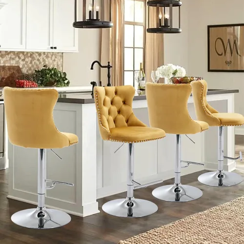 Vista 312 de SoarFlash Juego de 2 taburetes de bar tapizados de terciopelo moderno con patas de madera, botones acolchados, cabeza de clavo cromada, asiento