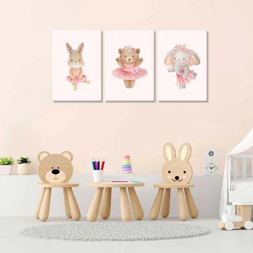 Vista 9 de 3 piezas de lienzo de animales de bailarina rosa, arte de pared, lindo elefante, conejo, oso, decoración de pared, imágenes de guardería, habitación