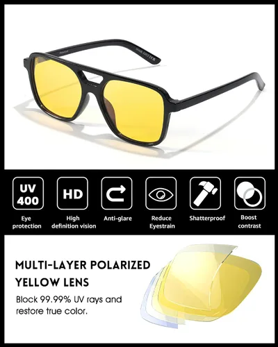 Vista 4 de LVIOE Lentes polarizados de visión nocturna para hombres y mujeres, cuadrados, estilo aviador, conducción nocturna, retro, vintage, 70s, lente