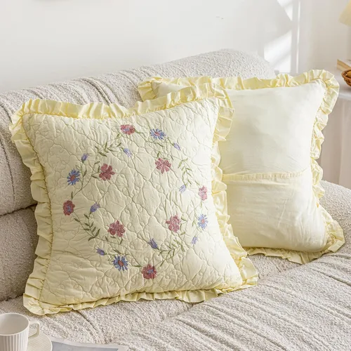 Vista 2 de vctops Juego de 2 fundas de cojines decorativos cuadradas de algodón acolchado bordado con volantes de diseño floral suave para sillón, sofá, cama