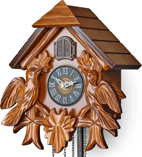 Vista 7 de TIMEGEAR Reloj de cuco con modo nocturno, movimiento de cuarzo y decoraciones de madera (marrón)