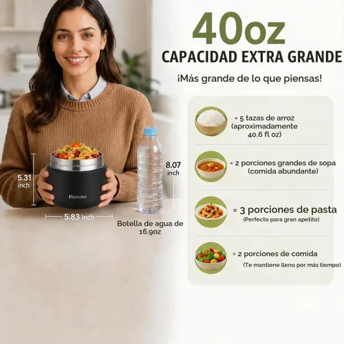 Vista 2 de Tarro de comida aislado de 40 onzas con 2 compartimentos, termo a prueba de fugas para comida caliente, boca ancha, acero inoxidable, incluye Negro