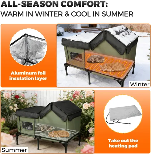 Vista 4 de Casa climatizada para gatos para exteriores, refugio de invierno aislado a la intemperie con base elevada y ventana transparente, puerta de escape