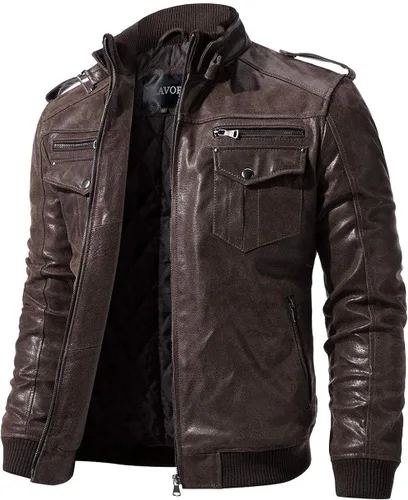 Vista 3 de FLAVOR Chaqueta de piel auténtica para hombre, estilo retro, color marrón