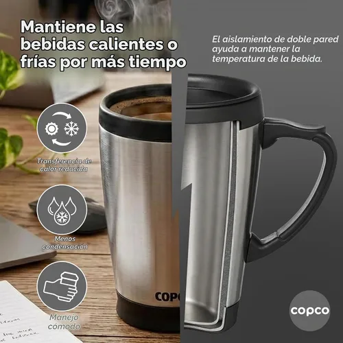 Vista 3 de Copco - Taza de café de acero inoxidable de doble pared, 16 onzas, taza de viaje aislada con tapa de rosca, a prueba de derrames, mango duradero