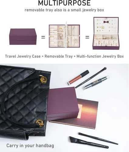 Vista 4 de V-LAFUY Joyero con bandeja extraíble, joyero para mujeres y niñas, 2 capas portátil, organizador de joyas, estuche de almacenamiento con estuche