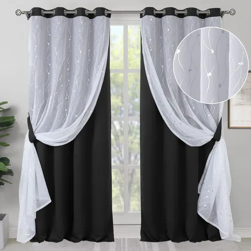 Vista 23 de BGment Cortinas de oscurecimiento de habitación con superposición transparente, cortinas de tul estampado plateado de doble capa para sala de estar