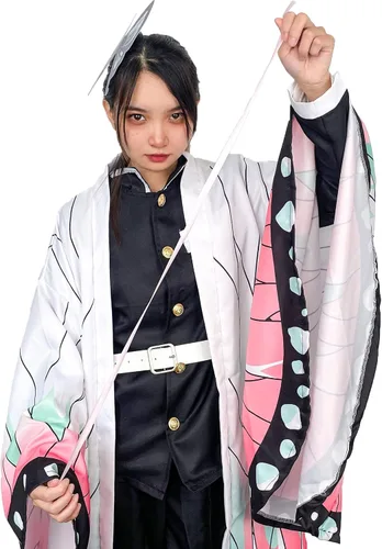 Vista 9 de CosTribe Disfraz de anime de Kochou Shinobu de Halloween, conjunto completo, traje kimono, capa tipo cárdigan, bata para mujer
