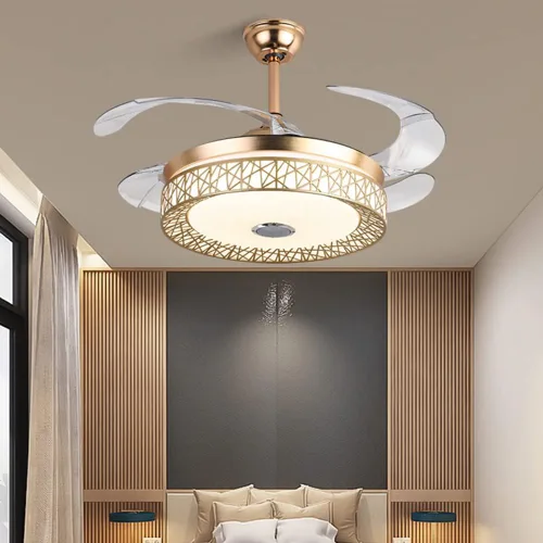 Vista 7 de Candelabro Bluetooth de 42 pulgadas con luces y control remoto, ventilador de techo moderno con cuchillas retráctiles, color dorado
