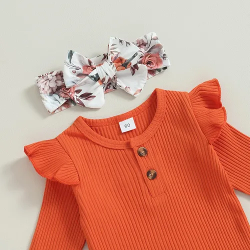 Vista 3 de Twopumpkin Ropa de bebé para niña, anties bestie, mameluco de manga larga, pantalones florales acampanados, diadema para recién nacido, Flor