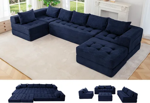 Vista 23 de MAXYOYO Sofá modular seccional, sofá plegable en forma de U con almohadas, sofá tumbona copetudo de 6 asientos sin huesos para sala de estar,