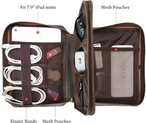 Vista 4 de Polare - Funda organizadora de cables de viaje de cuero de grano completo, bolsa de transporte de accesorios electrónicos de doble capa
