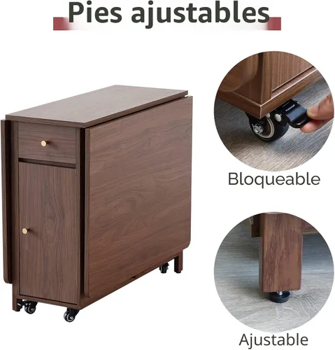 Vista 9 de COMUHOME Mesa de comedor extensible plegable con hoja abatible, con 2 cajones y 4 ruedas para sala de estar, cocina, estilo granja, mesa ahorradora