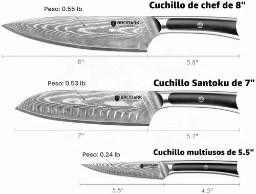 Vista 3 de BRODARK Cuchillo de chef de Damasco de 3 piezas, VG10 de acero de espiga completa afilado, juego de cuchillos de chef japonés profesional
