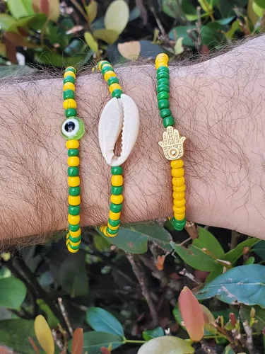 Vista 49 de 3 pcs Ilde Cowrie seashell Evil Eye Hamsa Hand Orisha Santeria Pulseras Bracelet Set