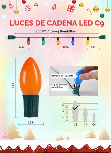 Vista 7 de Luces de Navidad vintage para exteriores, cadena de luces C9 de 100 pies