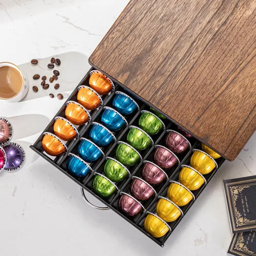 Vista 5 de FlagShip Soporte para cápsulas Nespresso, cajón de cápsulas Vertuo, almacenamiento de cápsulas de café para Vertuo Pod con elegante tapa de madera