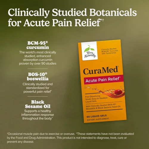 Vista 3 de Terry Naturally CuraMed - Alivio del dolor agudo - Suplemento con curcumina BCM-95 y boswellia BOS-10 - Aceite de semilla de sésamo negro, 60 geles