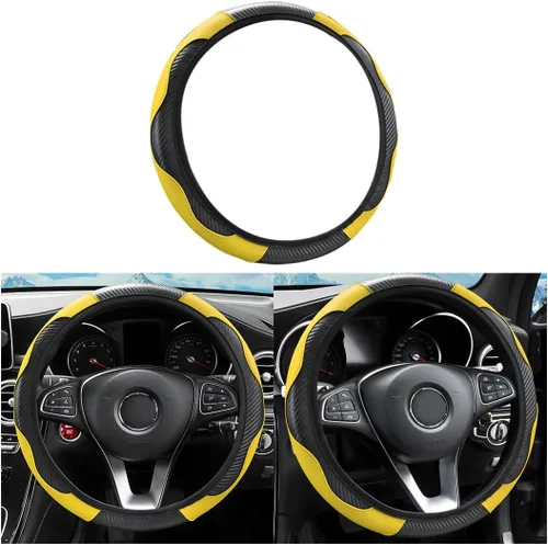 Vista 10 de Funda universal de microfibra para volante de automóvil, de piel sintética, elástica, 15 pulgadas, costuras de color, antideslizante, protector