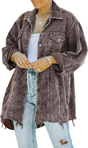Vista 8 de Hixiaohe Chaqueta Camisa de Pana con Botones Holgada Casual para Mujer Abrigo Lavado Retro Shacket Verde militar
