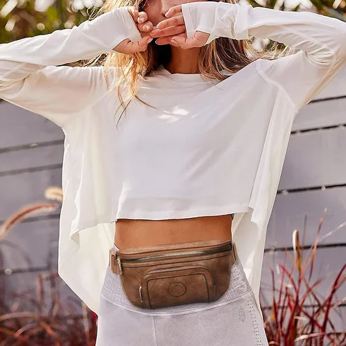 Vista 2 de Chinllo Riñonera para mujer, bolsa cruzada de moda para cinturón de cuero vegano con correa ajustable, Café, Moda