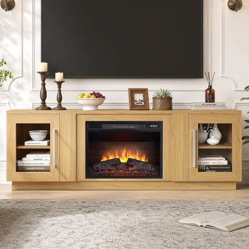 Vista 10 de Cheerway Soporte de TV con chimenea 3D para televisores de hasta 65 pulgadas, mesa de centro de entretenimiento multimedia de madera y gabinetes