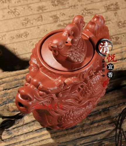 Vista 4 de Tetera Dragón y Fénix Tetera Gran Capacidad Juego de té de arcilla morada Hervidor Kung Fu Tetera (16.9 fl oz/17oz, rojo)