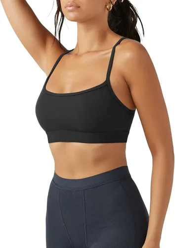 Vista 2 de LASLULU Brasier deportivo para mujer, sin costuras, espalda cruzada, tirantes delgados, bajo impacto medio, para entrenamiento, yoga, brasier