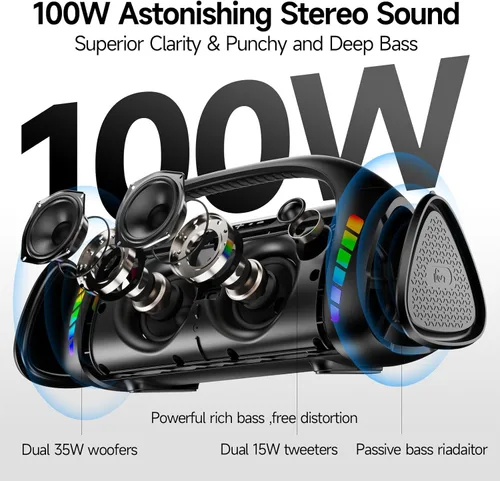 Vista 2 de Bocina Bluetooth LFS, altavoces Bluetooth inalámbricos de 100W y bajo profundo, luces LED, impermeable IPX6, 30 horas de reproducción, altavoz