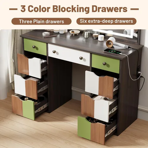 Vista 2 de wanan Escritorio de maquillaje con espejo y luces, mesa de tocador de madera con toma de corriente, escritorio de maquillaje bohemio elegante con 7
