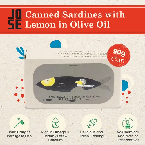 Vista 3 de Sardinas enlatadas con limón y aceite de oliva por Jose Gourmet, Sardinas portuguesas capturadas en la naturaleza, conservas de pescado en aceite