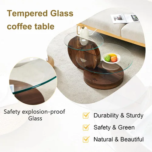 Vista 5 de Ebullient Mesa de centro redonda moderna de cristal, 3 niveles con base de madera, mesa central geométrica para sala de estar, muebles de acento