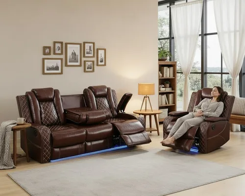 Vista 20 de Juego de sofá reclinable eléctrico con LED, juego de sofá de cuero transpirable para sala de estar, juego de sofá reclinable con puerto USB, Negro