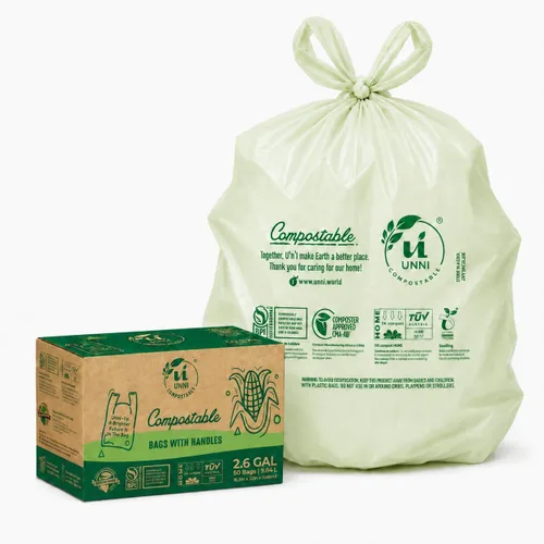 Vista 16 de Bolsas de camiseta compostables UNNI con asas de lazo, 1.6 galones / 6 litros, 50 unidades, forros de cajón de cocina pequeños de 0.64 mil