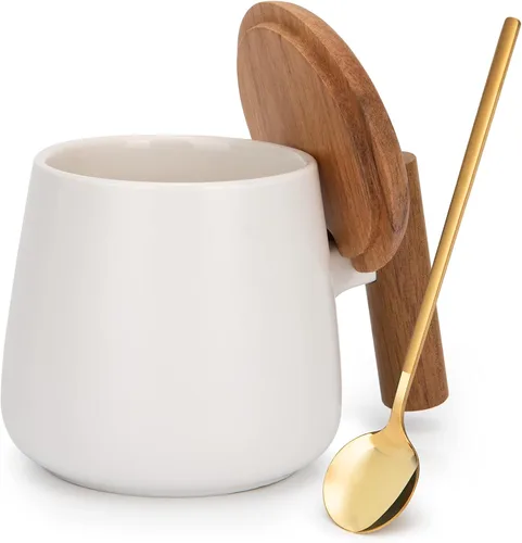 Vista 9 de Taza de café de cerámica, taza de té para la oficina y el hogar, taza de café de 14 onzas con tapa y cuchara, día del padre, regalos de cumpleaños