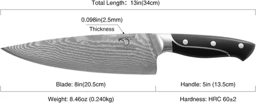 Vista 4 de NANFANG BROTHERS Cuchillo de chef de 8 pulgadas, 67 capas VG10 de acero de damasco, mango ergonómico de triple remache ABS antideslizante