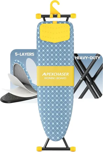 Vista 7 de APEXCHASER Tabla de planchar con soporte para planchar, tabla de hierro compacta y ahorradora de espacio, cubierta extragruesa, altura ajustable