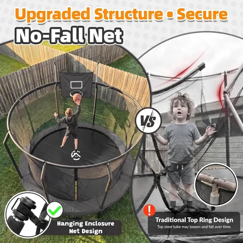 Vista 7 de Trampolín al aire libre con red para niños de 10 pies, 12 pies, 14 pies Negro