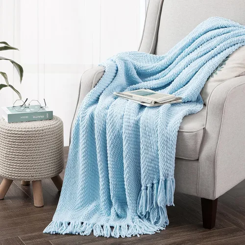 Vista 21 de Manta de punto suave con textura para sofá, manta de tweed crema con borlas de flecos para decoración del hogar, cama, sofá, silla, 50 x 60 Blanco