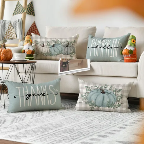 Vista 5 de AVOIN colorlife Hello Pumpkin Give Thank - Juego de 4 fundas de almohada de 12 x 20 pulgadas, otoño, Acción de Gracias, hojas de eucalipto