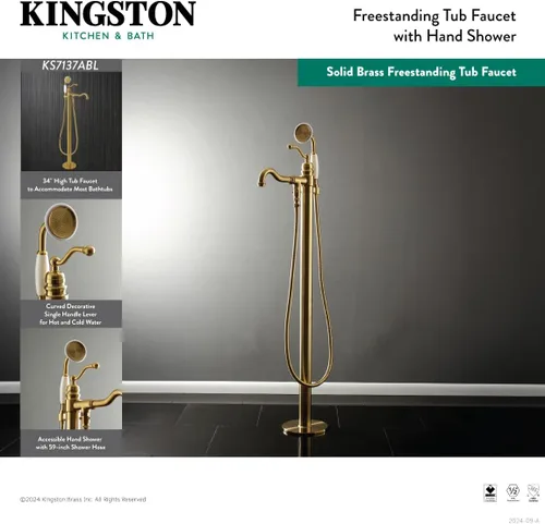 Vista 10 de Kingston Brass KS7137ABL - Llenador de bañera romano independiente con ducha de mano, latón cepillado Cobrizo cepillado